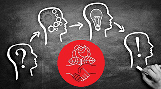 Image of a chalk board with drawings of heads formulating ideas about Democratic Socialism. Logo depicted.