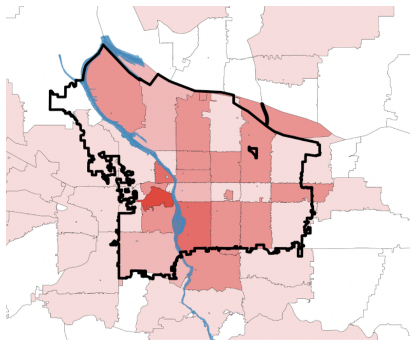Heatmap of zip codes riders reported as their residence.  While the most responses came from inner east- and west-side residents, there are many outlying zip codes represented from outside Portland city limits.