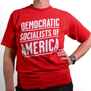 red t-shirt with the text "Democratic Socialists of America" in large text on the front