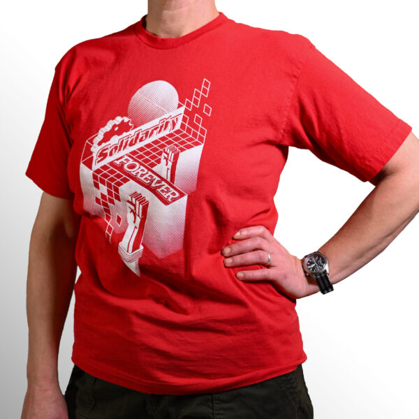 red t-shirt with a union labor-inspired design and the text "solidarity forever"