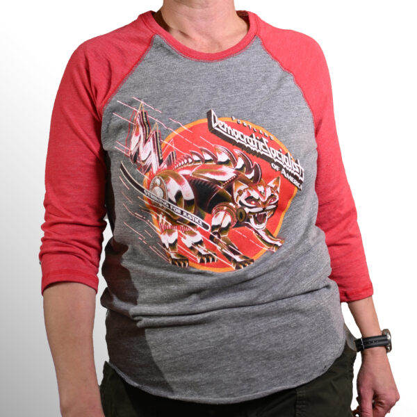baseball-style t-shirt with steel cat design