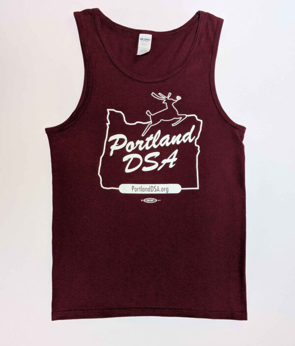 maroon tank top with the White Stag sign design