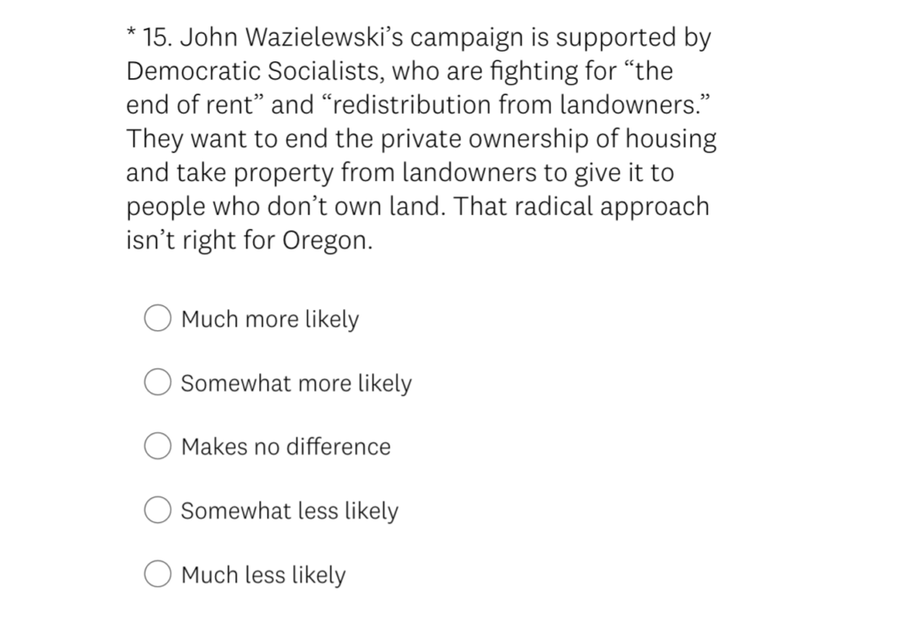 Question: John Wazielewski's campaign is supported by Democratic Socialists, who are fighting for "the end of rent" and "redistribution from landowners." They want to end the private ownership of housing and take property from landowners to give it to people who don't own land. That radical approach isn't right for Oregon. Survey response options: "Much more likely, Somewhat more likely, Makes no difference, Somewhat less likely, Much less likely" (to vote for this candidate).